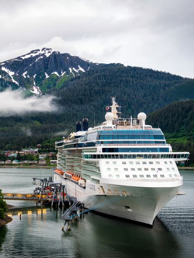 A cruise ship docks in an Alaska port.