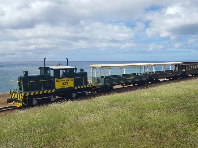 The Hawaiian Railway Society train cars along the coast.