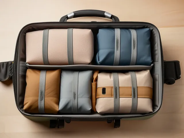 An overview shot of a suitcase full of packing cubes.