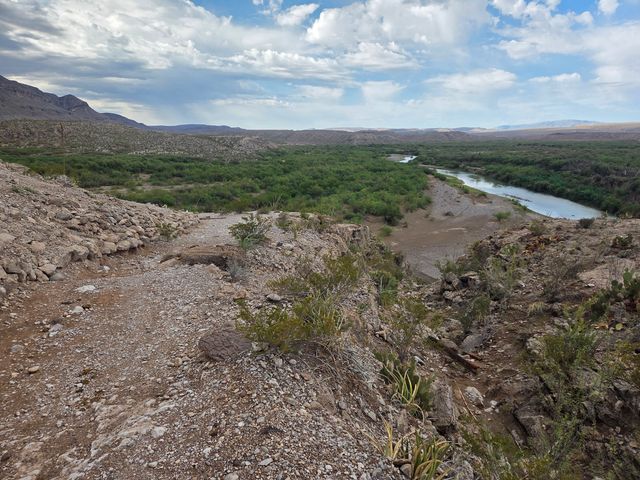 A panoramic view of Big Bend National Park in Texas with bushy fields, a muddy riverbank, and mountains in the distance.