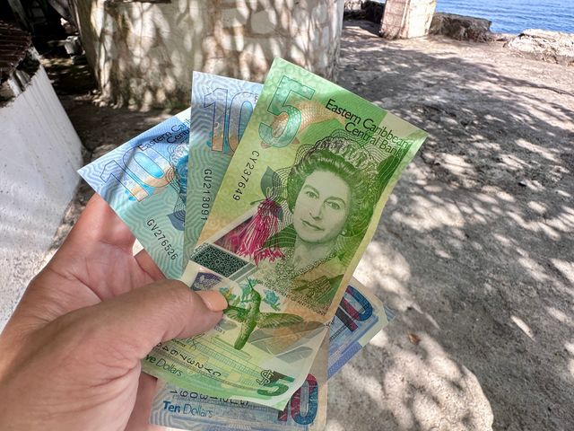 A hand holds bills in foreign currency fanned out.