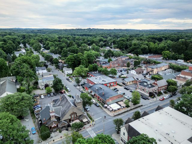An aerial view over the downtown of Rhinebeck, New York.