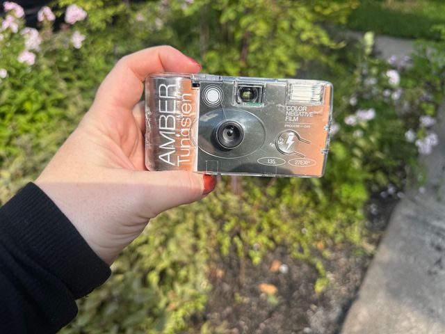 A hand holding a small camera with a bush in thebackground.