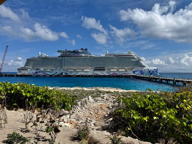 A Norwgian cruise ship is seen at sea from land.