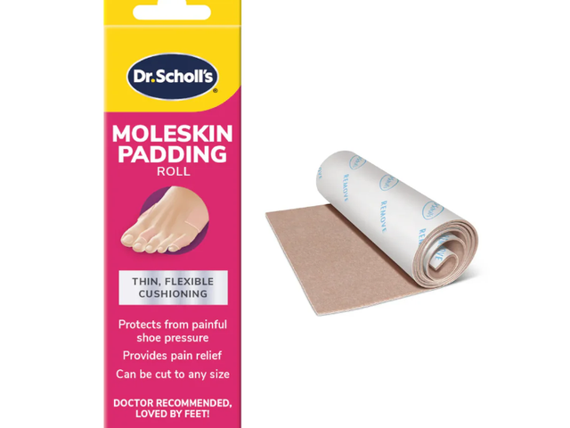 A box of Dr.Scholl's Moleskin Padding with a sample roll set against a white background.