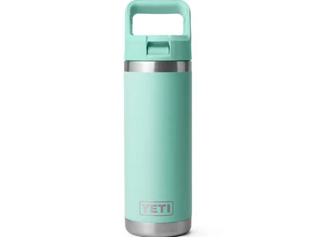 A turquoise Yeti Rambler bottle against a neutral background.