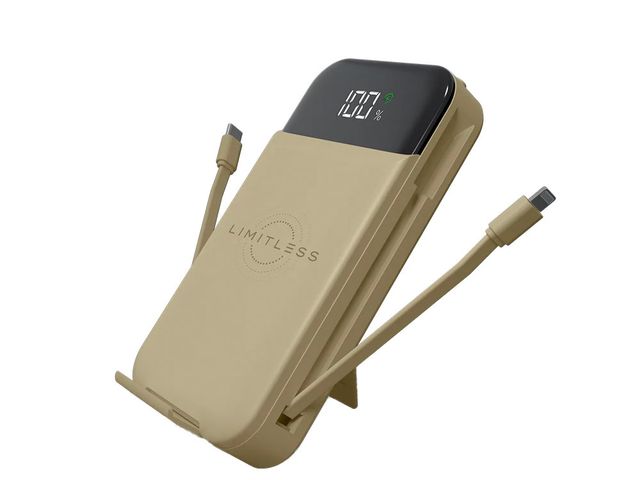 The Limitless Innovations Portable Power Bank in a gold metallic color against a white background.
