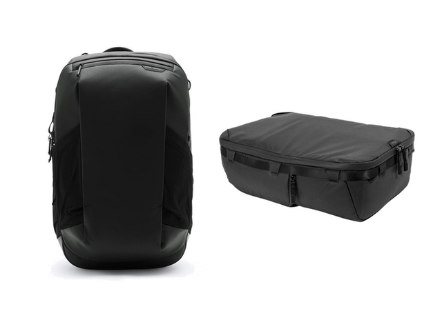 A black backpack is seen from both the front and the side against a white background.