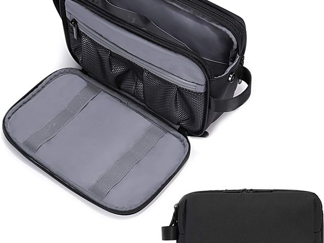 A Bagsmart toiletry bag with two views, one open and one closed.