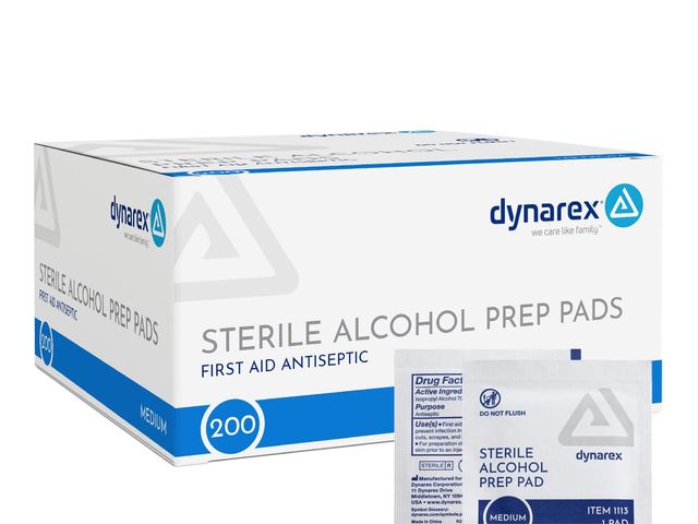 A box of Dynarex Alcohol Prep Pads with two outside the box, both against a white background.