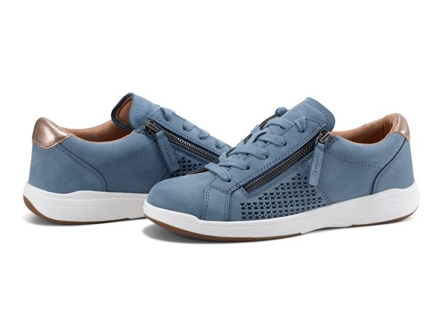 Blue Earth Netta shoes with zippers and mesh on the sides on a white background.