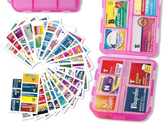 A travel-size pill organizer with labels to customize