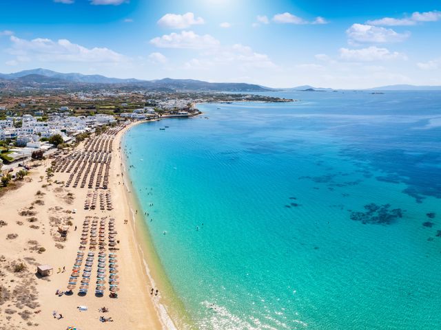 A panoramic aerial view over the Agios Prokopios beach at Naxos island.