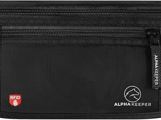 A black Alpha Keeper Money Belt against a white background.