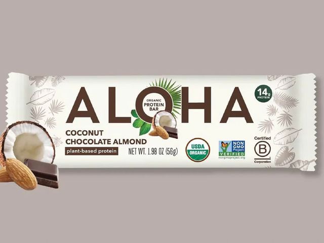 An Aloha chocolate almond protein bar.