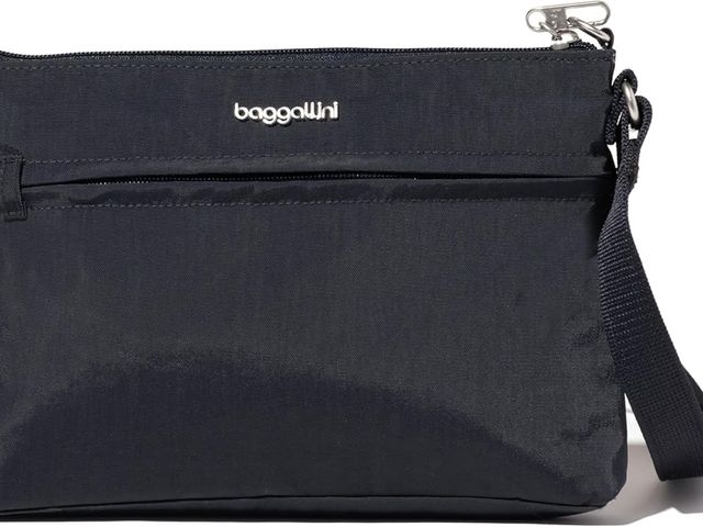 A black Baggallini Securtex Anti-Theft Memento Crossbody set against a white background.