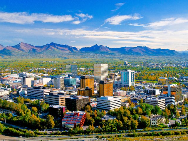 The skyline of Anchorage is seen from above with mountains, foliage, and buildings.