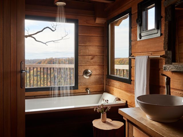 A woodsy-looking cabin with a spa-like bathroom including a large tub and rainfall shower framed by windows in a treehouse room at The Lodge at Primland, Auberge Collection.