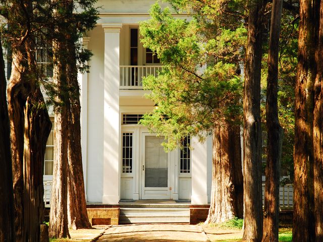 A row of trees leads guests to the front door framed by columns of Rowan Oak, the home of author William Faulkner in Oxford, Mississippi.