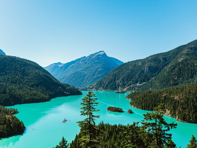 A bright blue body of water surrounded by green trees at North Cascades National Park.