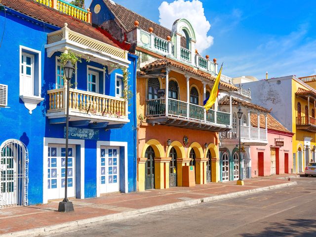 Colorful streets of Cartagena in historic Getsemani district near Walled City.