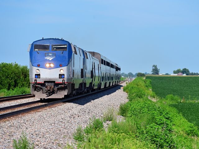 Amtrak's California Zephyr passing through rural Illinois during its journey to the San Francisco area from Chicago.
