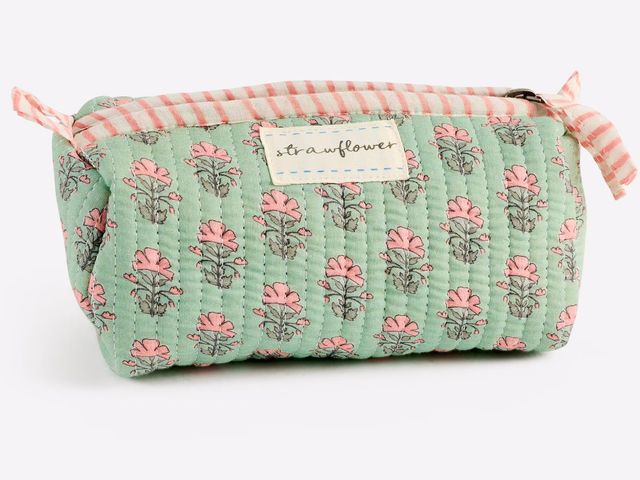 The Faye Heritage Small Quilted Block Print Cosmetic Pouch with cactus print.