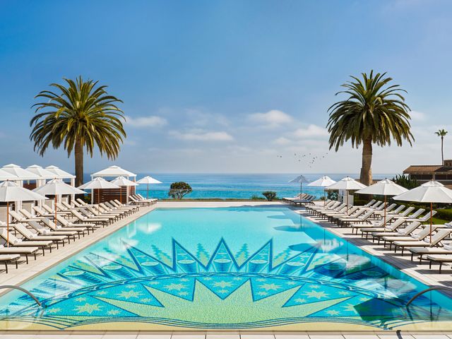 A pretty tiled mosaic pool at Montage Laguna Beach with panoramic ocean views.