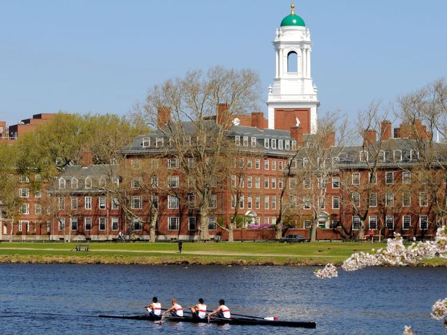 Historic brick buildings set along a river in Harvard Square with rowers on the water.