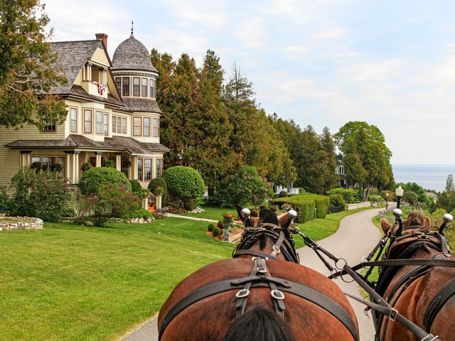 Horses pull a carriage ona road by the water on Mackinac Island.