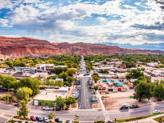 Aerial view of Moab, Utah, along Main street