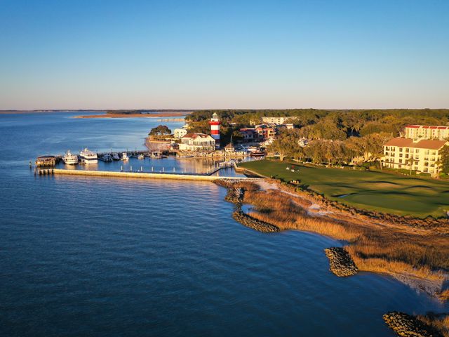 An aerial view of Harbour Town and lighthouse on Hilton Head Island in South Carolina.
