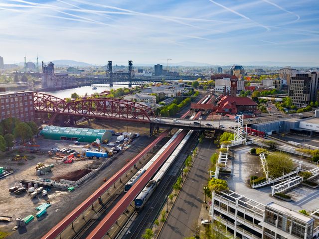 An aerial view of Union Station in Portland, Oregon, with parked Amtrak passenger trains.