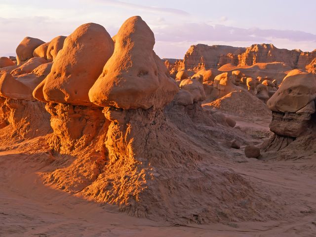 Hoodoo rocks at Goblin Valley State Park at sunset.