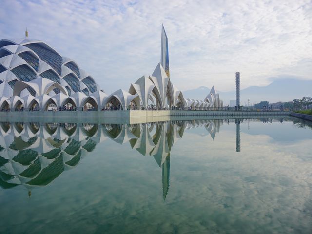 Al-Jabbar mosque reflected in the water in Bandung, Indonesia