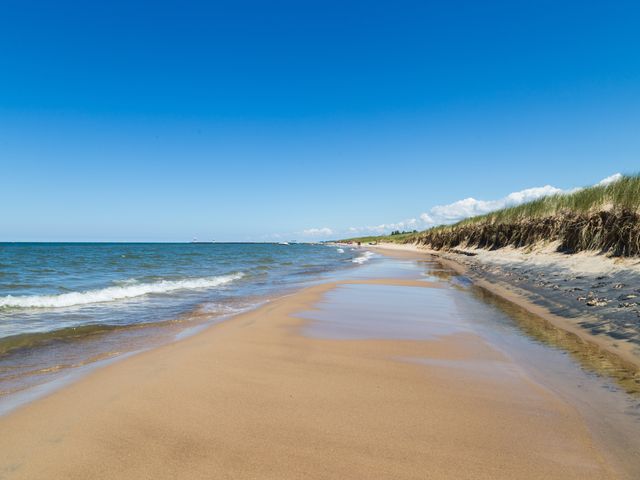 Waves break along a long sandy beach edged by grass-topped dunes in Saugatuck, Michigan.