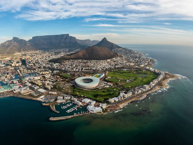 Aerial view of the coast and mountains of Cape Town, South Africa.