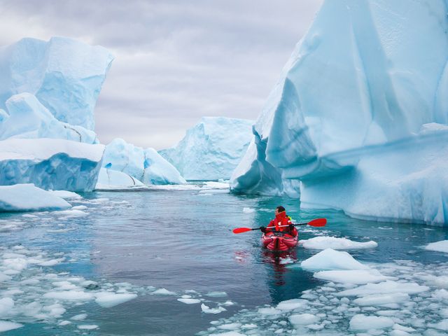 A man paddling on a kayak between icebergs and floating ice in Antarctica.