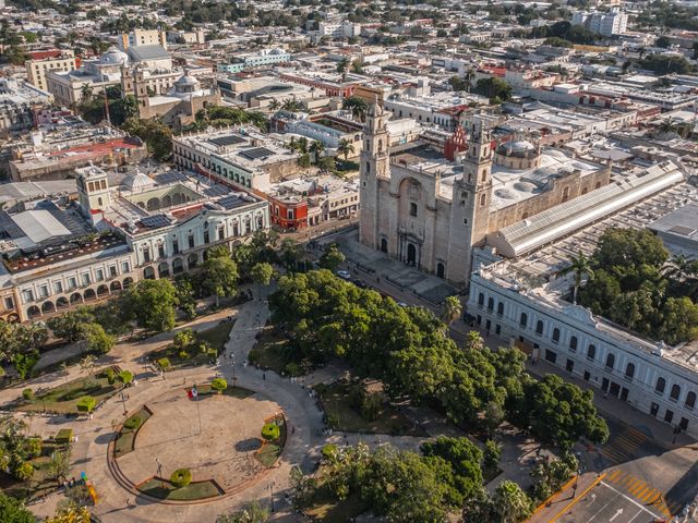 An aerial view over the Plaza Grande in Merida, Mexico. 
