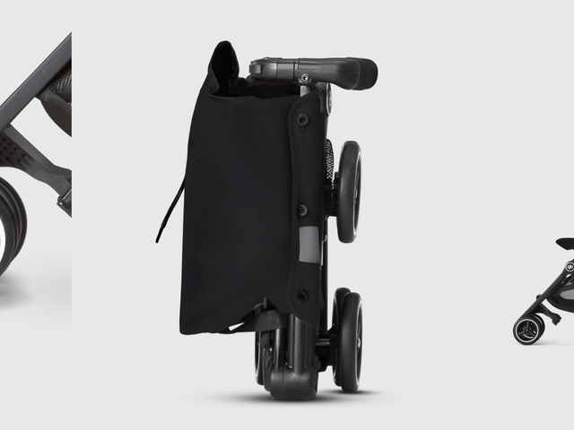 Three different views of the b Pockit+ All-Terrain, including a close-up of the wheels, folded position, and open.