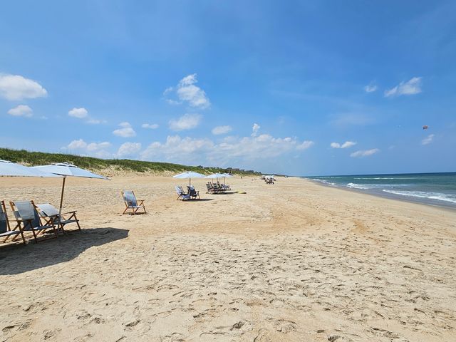 A wide stretch of white sand beach with blue and white chairs and umbrellas next to the blue ocean.