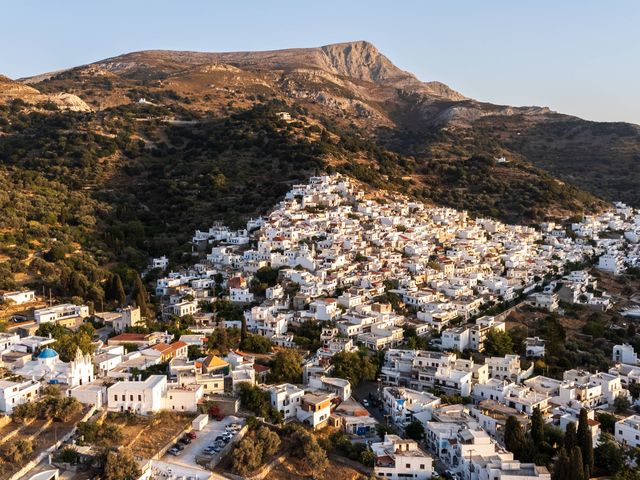 Aerial view of the village of Filoti and Mount Zas at sunset on the Island of Naxos in Greece.