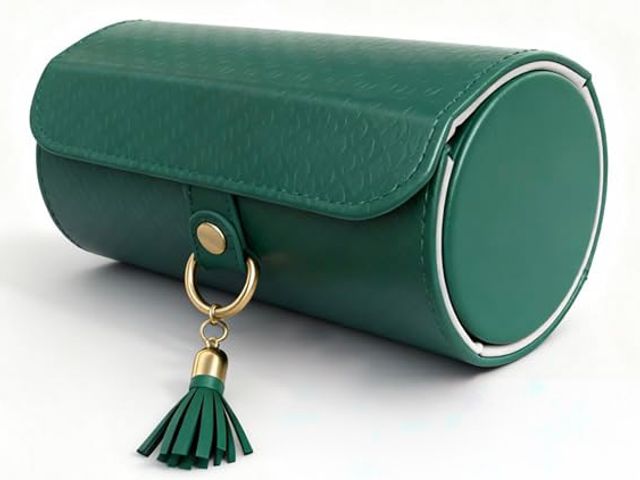 A green cylindrical tube with a tassel bow for the closure.