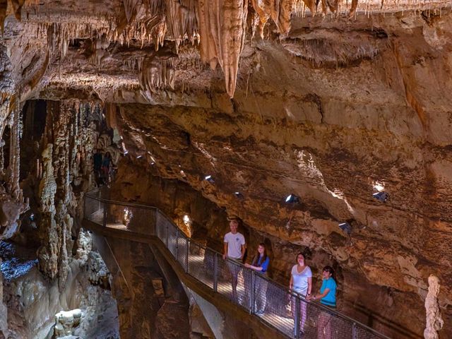 A group of people stand on a bridge walk inside a cave to admire stalactite formations.