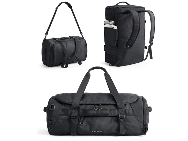 A view of three different ways to carry Bagsmart's 4-in-1 Duffel Bag.