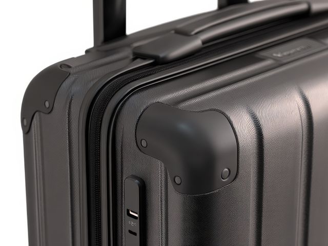 A black suitcase with a built in USB charger on the side.
