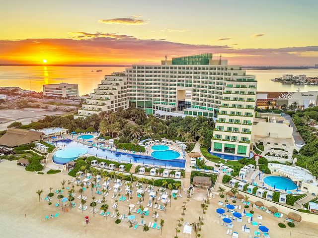 An aerial view of Live Aqua Beach Resort and its pools and beach setup in Cancun, Mexico,