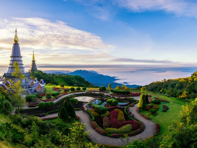 Sunrise scene over two pagodas in Chiang Mai, Thailand.