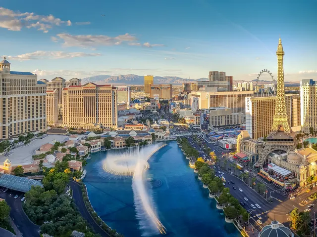 An aerial view of Las Vegas Strip and fountains.