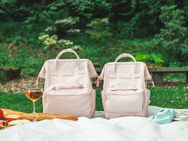Two pink backpacks sitting side by side on a picnic blanket next to a baguette and a glass of wine.